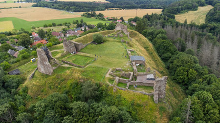 Ruins of medieval castle Lichnice in Iron Mountains, Czech Republic.の写真素材