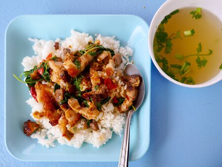 crispy pork with basil spicy fired rice  soupの写真素材