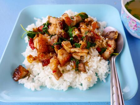 crispy pork with basil spicy fired rice  soupの写真素材