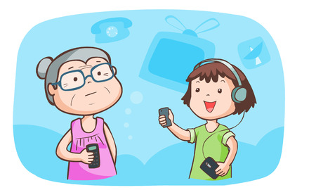 kid talk to grandma talk about gadget vector illustrationのイラスト素材