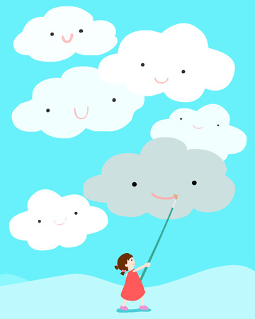 girl positive thinking draw smile on cloud vector illustrationのイラスト素材