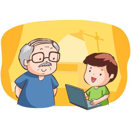 nephew show grandad how to use computer illustrationのイラスト素材