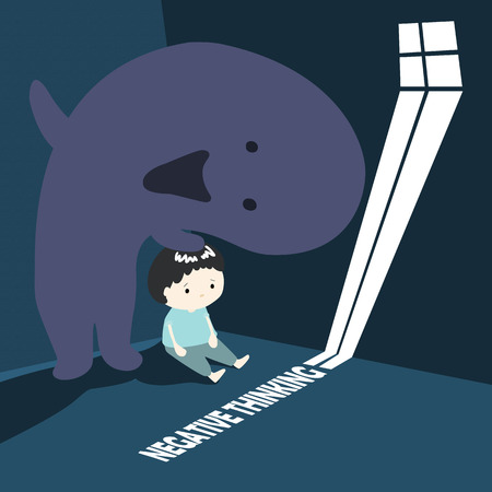 boy with negative thinking monster cartoon vector illustrationのイラスト素材