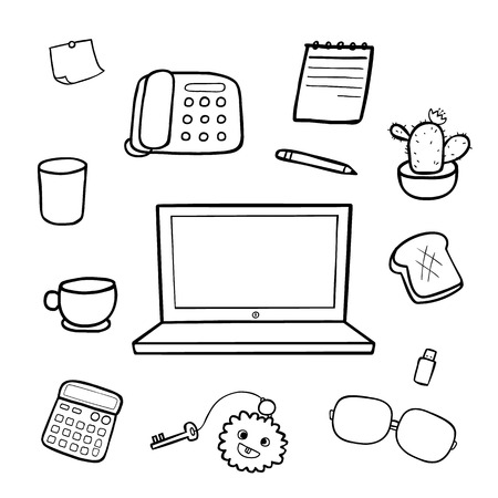 black and white doodle style office equipment vectorのイラスト素材