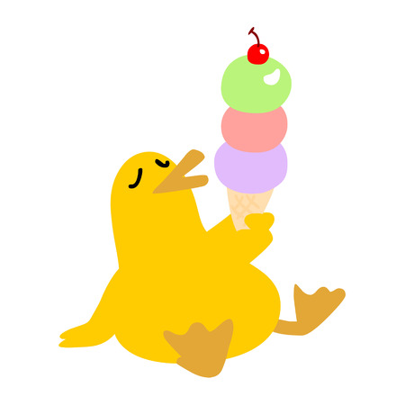 cute yellow duck character eat ice cream happily vectorのイラスト素材