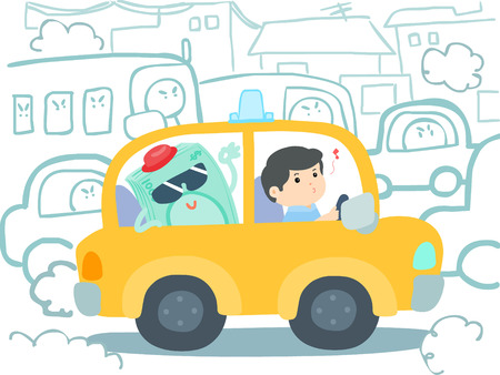 happy taxi driver get money in car at traffic jam vector illustrationのイラスト素材
