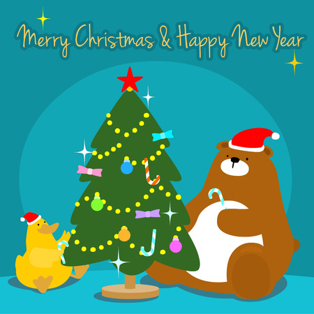 Bear duck cartoon character decorate christmas tree illustrationのイラスト素材