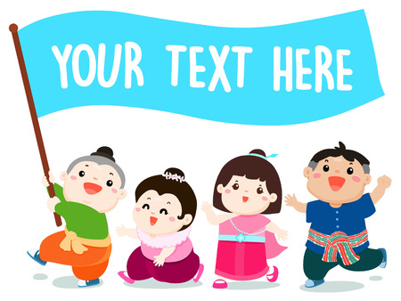 Happy Thai kid character with flag vector illustrationのイラスト素材
