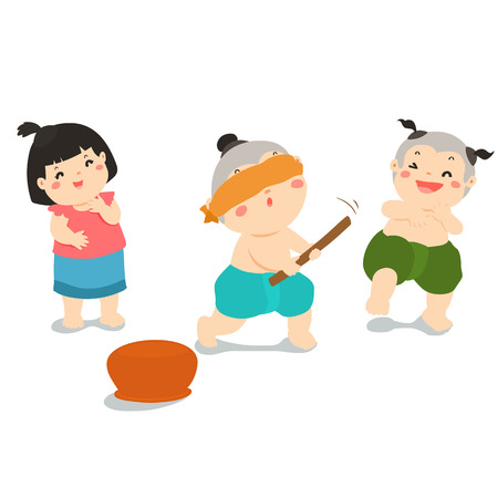 Children enjoy playing Blind fold Pot Hitting traditional game cartoon illustrationのイラスト素材