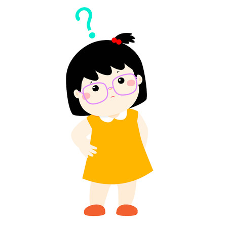 Cute little girl black hair wear glasses wondering cartoon character vector illustrationのイラスト素材