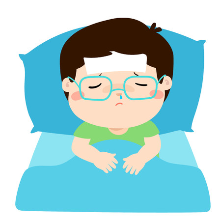 Little sick boy sleep in bed vector illustration.のイラスト素材