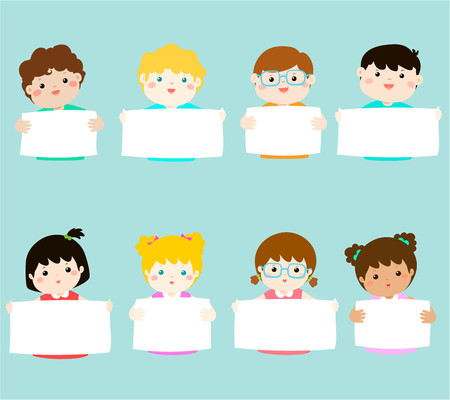 Smiley kids hold blank banner vector illustration.のイラスト素材
