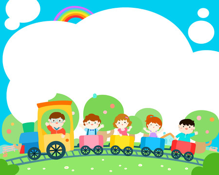 Happy children on the train, colorful vector. Ready for your message.Blank template for advertising brochure.illustration summer camp design.のイラスト素材