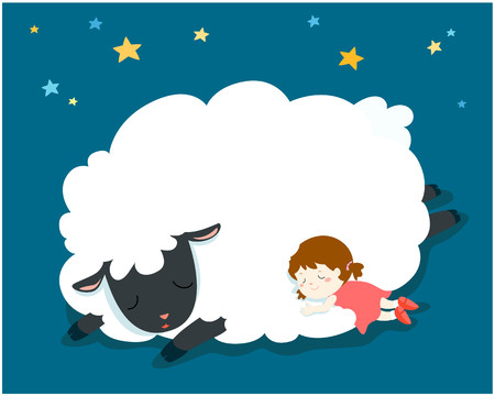 Cute sleeping girl with big fluffy sheep vector illustration.Night sky and stars background.のイラスト素材