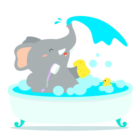 Happy elephant cartoon take a bath in tub vector illustration.のイラスト素材