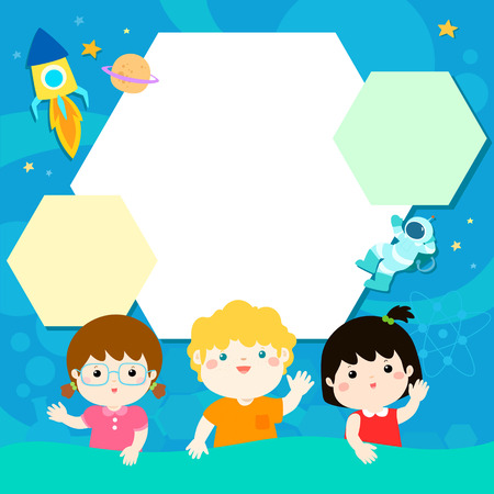Happy children 
on universe illustration background vector template.
Ready for your message. 
Children poster science design.のイラスト素材