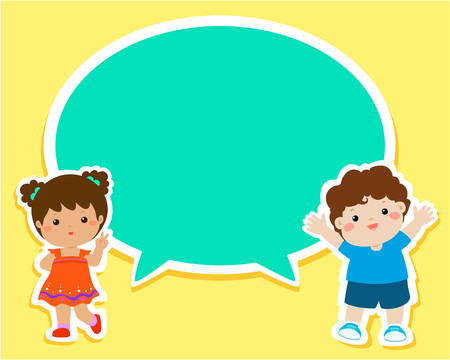 Happy kids with empty speech bubble cartoon vector illustration.のイラスト素材