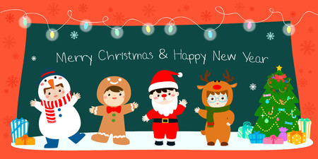 Happy kids in Christmas Costumes decorate with blinking light Christmas cartoon background vector illustration.のイラスト素材