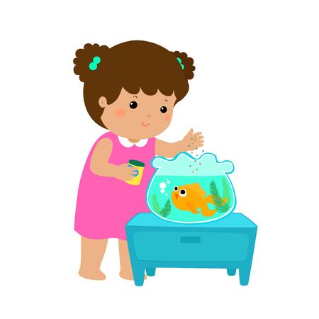 Illustration of cute little girl feeding fish in aquarium cartoon vector.のイラスト素材