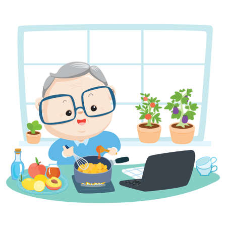 Happy grandfather is cooking food in his kitchen 
by using recipe from the internet vector illustration.
Learning cooking online from home.のイラスト素材