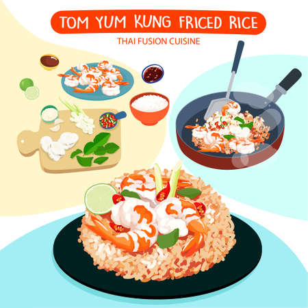 Tom yum kung fried rice and ingredients vector illustration.
Thai fusion food with prawn and herb, famous dish in Thailand.
Food illustration and ingredients vector.のイラスト素材