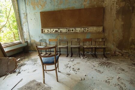 Abandoned school in ghost town Pripyat Chornobyl Zone, radiation, nuclear catastrofeの写真素材