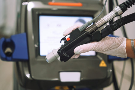 Close up shot of gloved hand with the laser hair removal machine's handpiece on blurry laser machine background. Alexandrite laser techhnology removing hair. Beauty technology conceptの写真素材