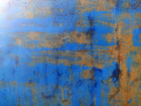 Corroded metal background. Rusted blue painted metal wall. Rusty metal background with streaks of...