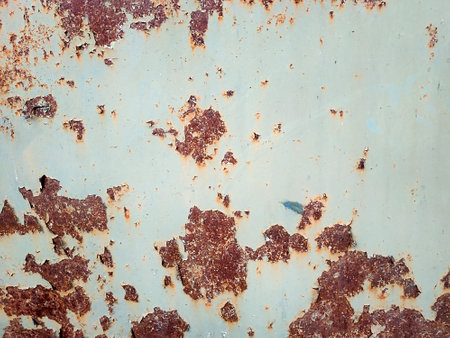 Corroded metal background. Rusted white painted metal wall. Rusty metal background with streaks of...