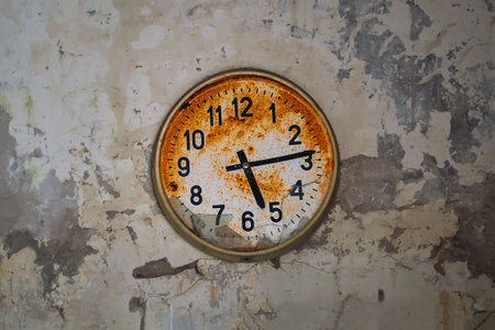 Old broken rusty wall clock in an abandoned building in Pripyat, Chornobyl Exclusion zone, Ukraine. Time flows concept.の写真素材