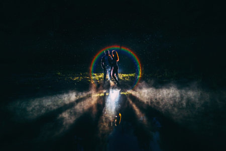 A magical night scene featuring a man and a woman in silhouette, surrounded by a glowing circular...