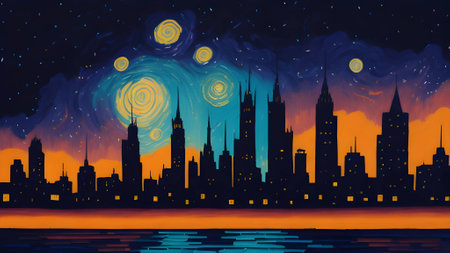 A Vibrant Starry Night Abstract Painting of Silhouetted Cityscape in the Backgroundの写真素材