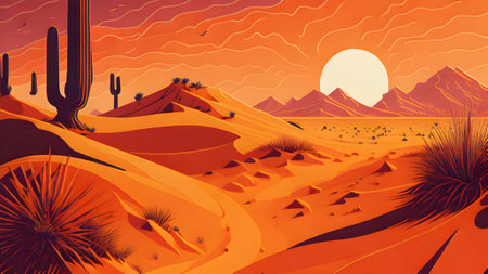 Vibrant Desert Landscape Sand Dunes and Blazing Sun Vector Art - Splash Art for a Mesmerizing Experienceの写真素材