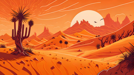 Vibrant Desert Landscape Sand Dunes and Blazing Sun Vector Art - Splash Art for a Mesmerizing Experienceの写真素材