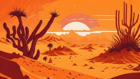 Vibrant Desert Landscape Sand Dunes and Blazing Sun Vector Art - Splash Art for a Mesmerizing Experienceの写真素材