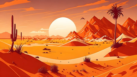 Vibrant Desert Landscape Sand Dunes and Blazing Sun Vector Art - Splash Art for a Mesmerizing Experienceの写真素材