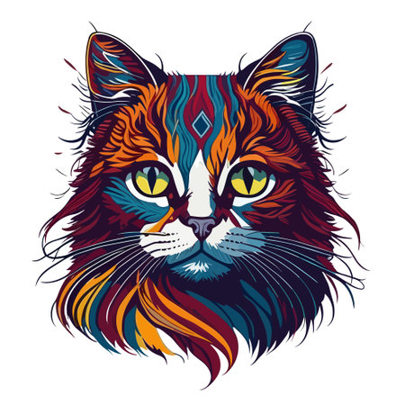 Illustration of a cat head with multicolored patterns on a white backgroundのイラスト素材