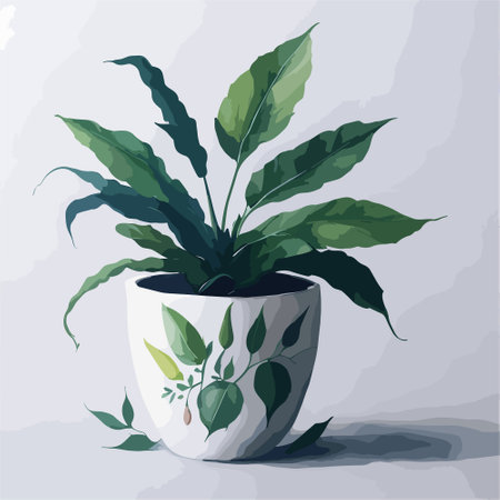 Illustration Vector of Green Plant on White Ceramic Potのイラスト素材