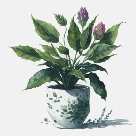 Illustration Vector of Green Plant on White Ceramic Potのイラスト素材