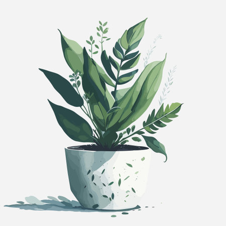 Illustration Vector of Green Plant on White Ceramic Potのイラスト素材