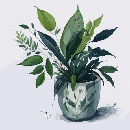 Illustration Vector of Green Plant on White Ceramic Potのイラスト素材