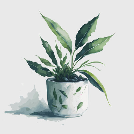 Illustration Vector of Green Plant on White Ceramic Potのイラスト素材