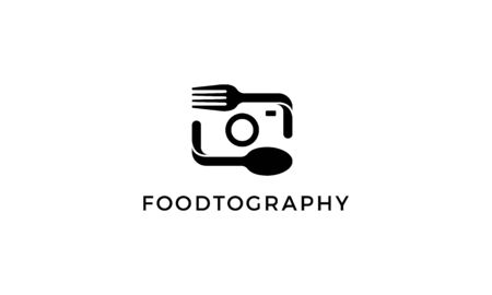 Negative space logo combination from spoon and fork with camera photography logo design conceptのイラスト素材