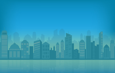 Cityscape and city skyline vector illustration with blue urban buildings and silhouette.のイラスト素材