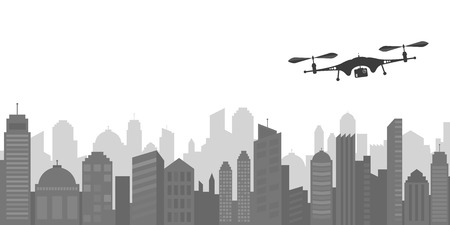 Flying Drone and Cityscape Vector Illustrationのイラスト素材