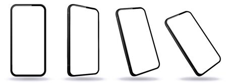 Black Mobile Phone Vector Mockup With Perspective Views. Smartphone Screens Isolated on Transparent Background.のイラスト素材
