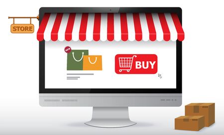 Online Shopping Store on Computer Monitor Screen. E-Commerce and Digital Marketing Concept Vector Illustration.のイラスト素材