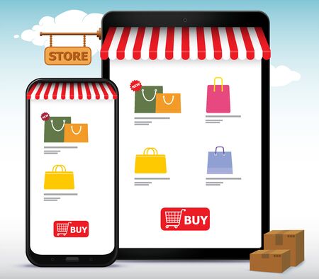 Online Shopping Store on Mobile Phone and Tablet Computer Vector Illustration. E-Commerce and Digital Marketing Concept.のイラスト素材