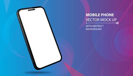 Mobile Phone Vector Mockup With Perspective View. Black Smartphone Isolated on Blue Geometricのイラスト素材