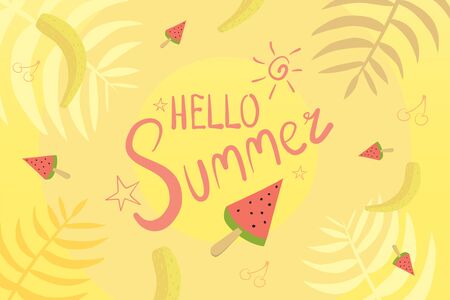 Hello Sunny Summer Vector Background Illustration With Watermelon, Banana and Cherry.のイラスト素材